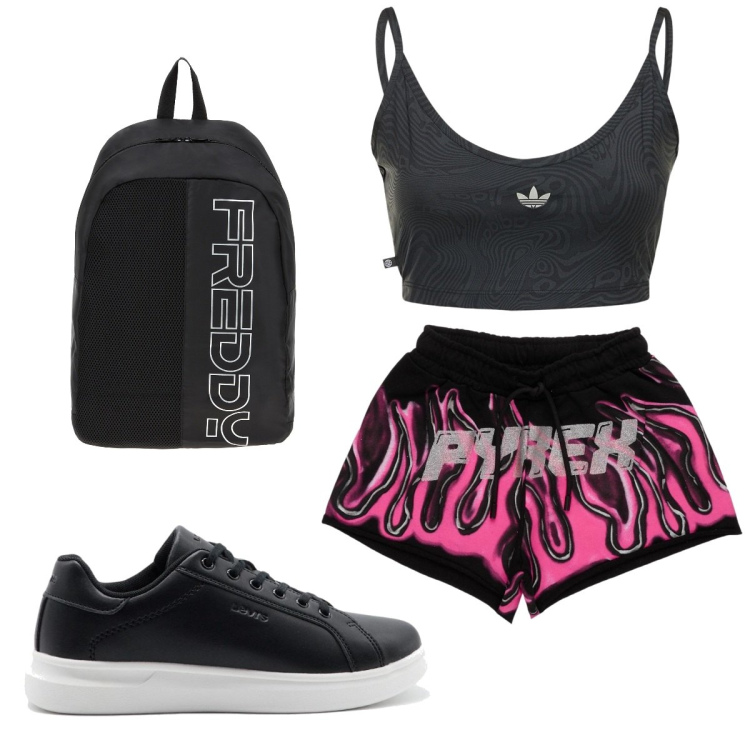 Outfit donna - Total look #1735795. Stile Trendy per Sport. Abbinamento con zaini, shorts, top, sneakers.