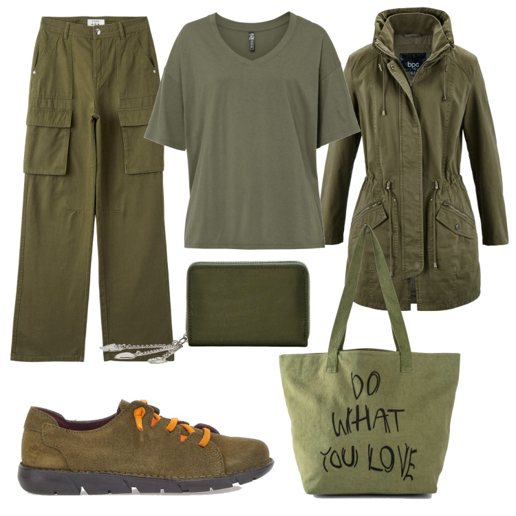 Outfit donna - Verde militare. Stile Military per Tutti i giorni. Abbinamento con parka, shopping bag, maglieria, pantaloni cargo, portafogli, scarpe stringate.