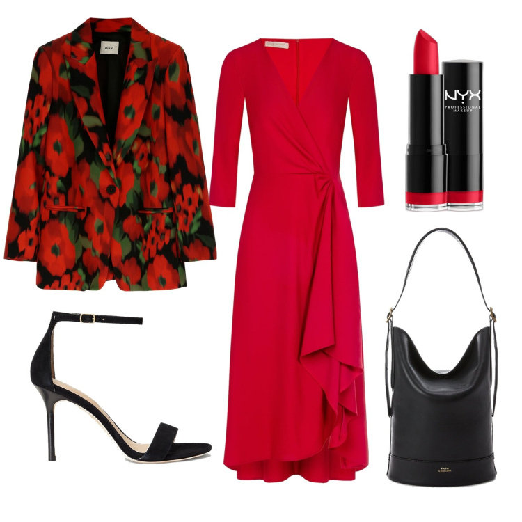 Outfit donna - Anniversario importante in Spagna. Stile Chic per Cerimonia. Abbinamento con rossetti, vestiti midi/longuette, cappotti, borse a secchiello, sandali col tacco.