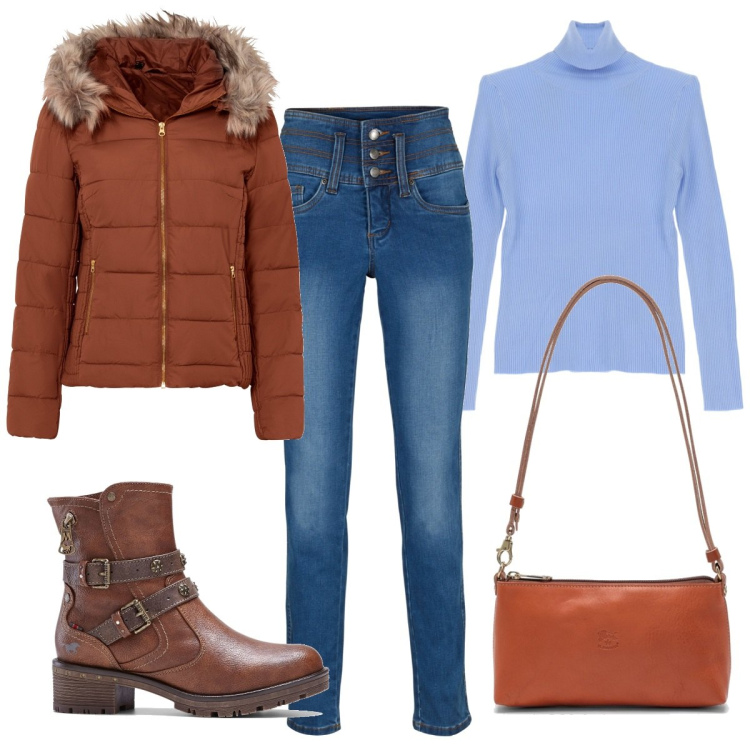 Outfit donna - Primi freddi. Stile Basic per Tutti i giorni. Abbinamento con jeans, giacche, stivaletti, maglieria, borse a spalla.