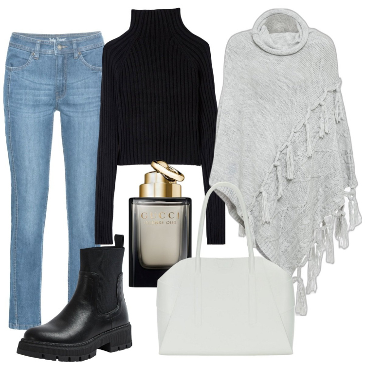Outfit donna - Stivaletti & jeans. Stile Casual per Tutti i giorni. Abbinamento con jeans, cappotti, profumi, stivali sopra il ginocchio, maglieria, borse a spalla.