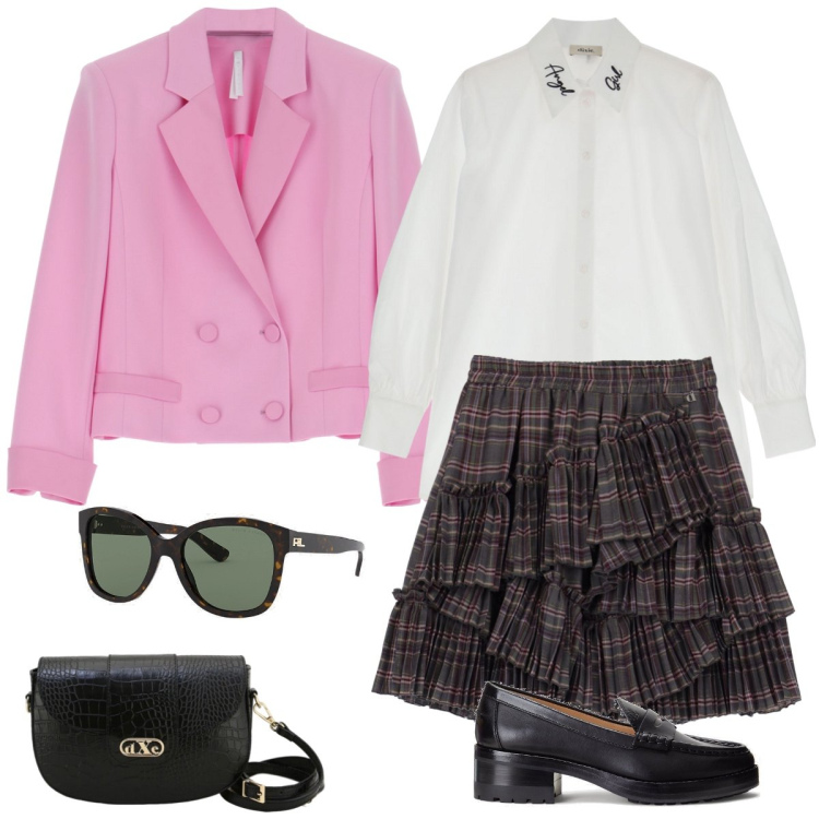 Outfit donna - A Londra. Stile Preppy per Tutti i giorni. Abbinamento con minigonne, pochette, camicie, giacche, occhiali da sole, mocassini.