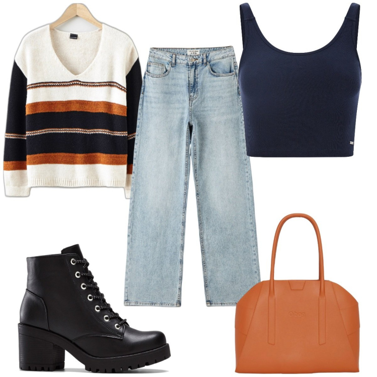 Outfit donna - Total look #1735865. Stile Trendy per Tutti i giorni. Abbinamento con stivaletti, maglieria, jeans, top, borse a spalla.
