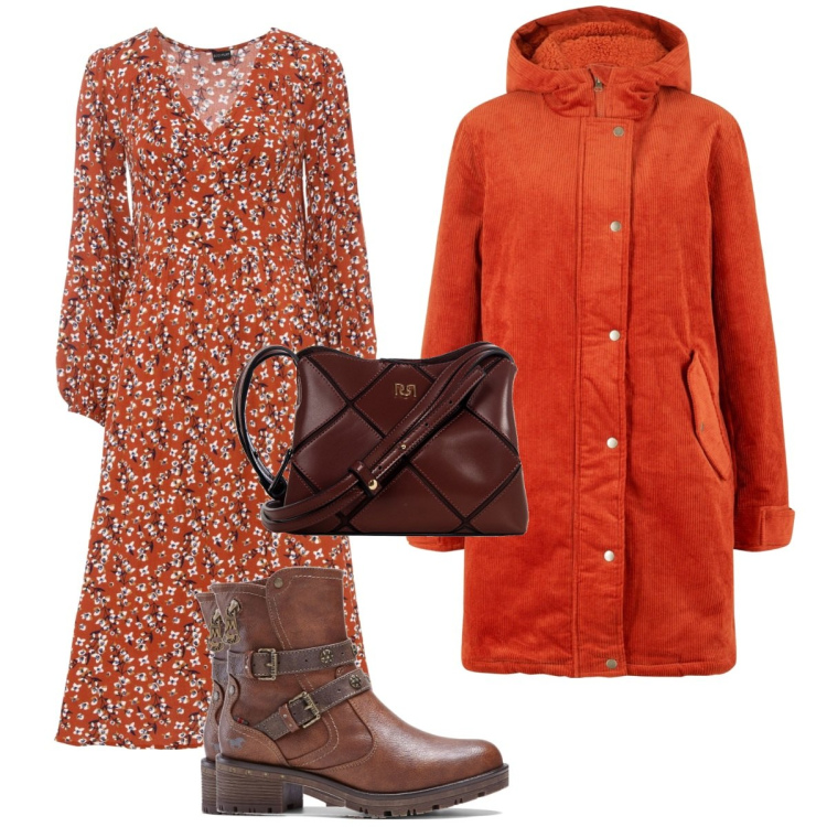 Outfit donna - Gradazioni di Mattone. Stile Casual chic per Tutti i giorni. Abbinamento con parka, vestiti midi/longuette, stivaletti, borse a spalla.