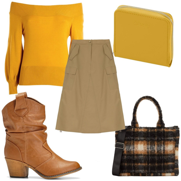 Outfit donna - Total look #1735875. Stile Trendy per Tutti i giorni. Abbinamento con stivaletti texani, shopping bag, maglieria, gonne longuette, portafogli.