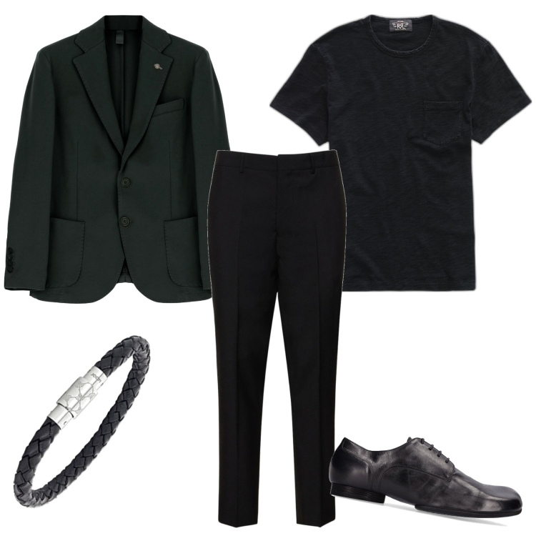 Outfit uomo - Gentleman in Total black. Stile Trendy per Serata speciale. Abbinamento con cappotti, t-shirt, scarpe stringate, braccialetti, pantaloni.