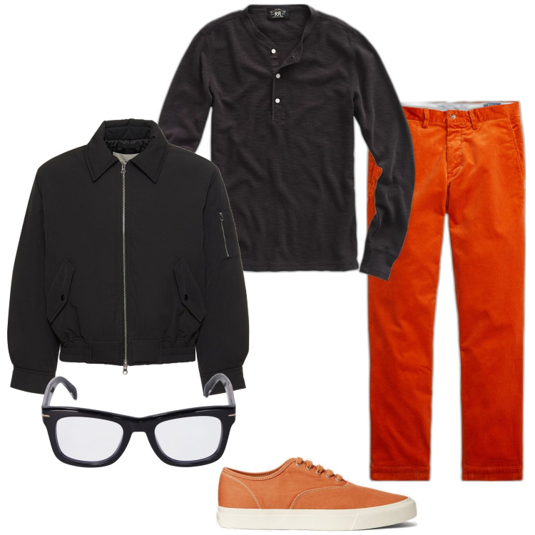 Outfit uomo - Contrasti. Stile Trendy per Tutti i giorni. Abbinamento con t-shirt, sneakers, pantaloni, occhiali, bomber.