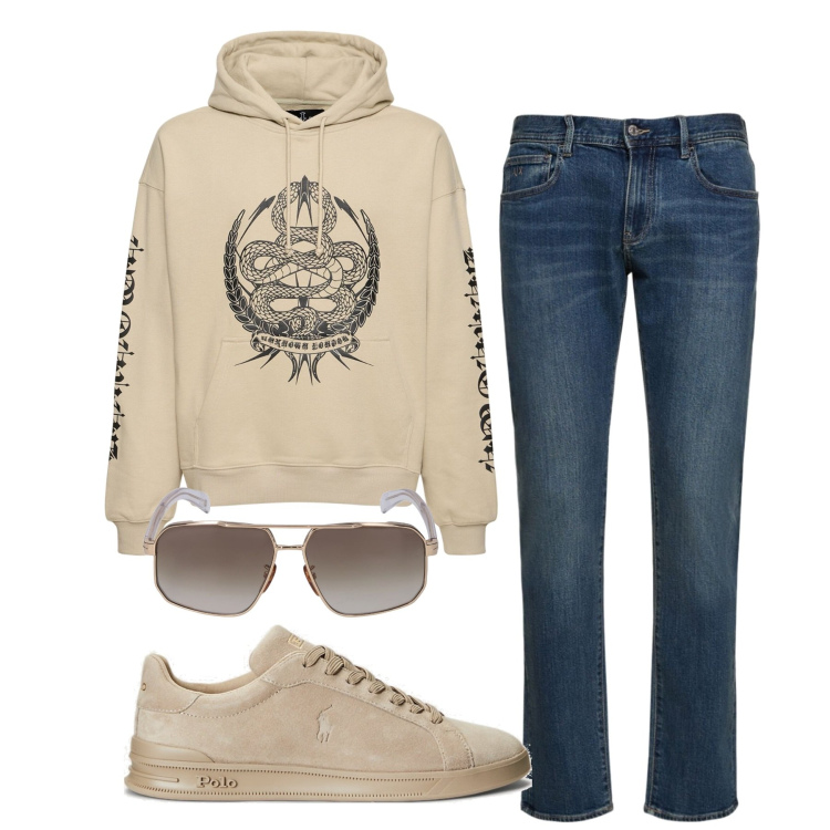 Outfit uomo - Domenica al parco. Stile Casual per Tutti i giorni. Abbinamento con sneakers, occhiali da sole, jeans slim fit, felpe con cappuccio.