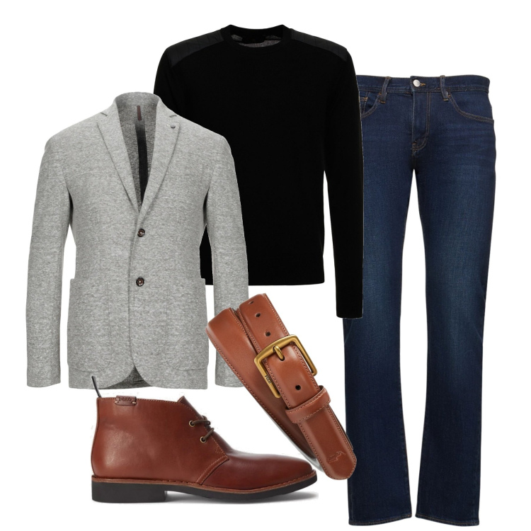 Outfit uomo - Un classico. Stile Trendy per Serata speciale. Abbinamento con giacche, cinture, stivali e stivaletti, jeans slim fit, maglieria.