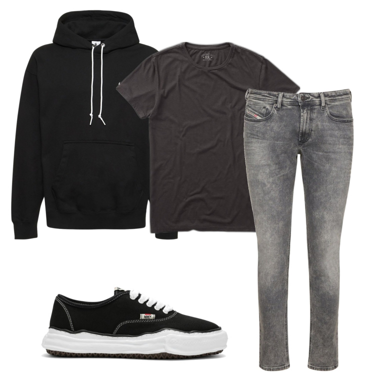 Outfit uomo - Grigio in mille sfumature. Stile Urban per Tutti i giorni. Abbinamento con t-shirt, jeans skinny, felpe con cappuccio, sneakers.