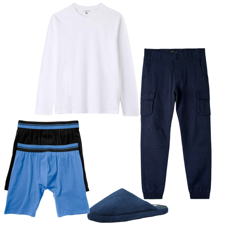 Outfit uomo - Comodo a casa. Stile Casual per Tutti i giorni. Abbinamento con boxer, pantaloni cargo, t-shirt, pantofole.
