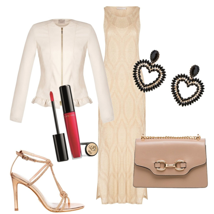 Outfit donna - Cena romantica a Parigi. Stile Chic per Serata fuori. Abbinamento con gloss, vestiti lunghi, giacche, sandali gioiello, orecchini, borse a tracolla.