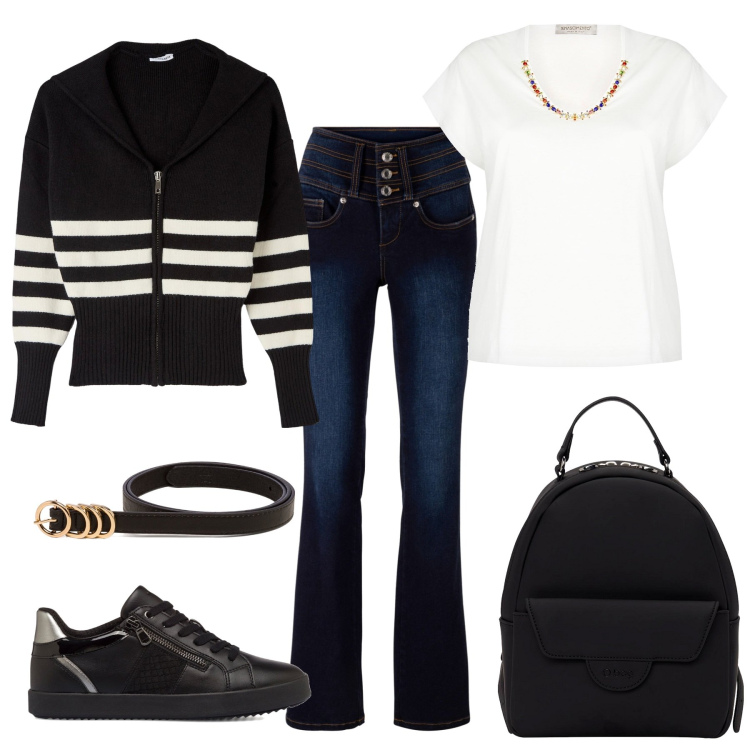 Outfit donna - Un weekend a Vienna. Stile Casual chic per Tutti i giorni. Abbinamento con jeans bootcut, maglieria, t-shirt, sneakers, cinture, zaini.