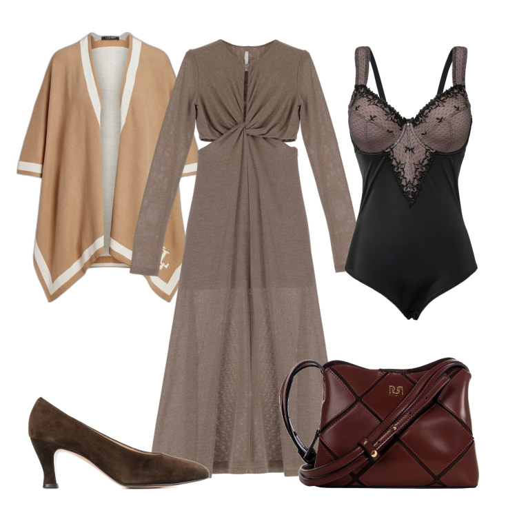 Outfit donna - A cena sopra la Torre Eiffel. Stile Chic per Serata fuori. Abbinamento con body, décolleté, borse a spalla, vestiti midi/longuette, cappe.