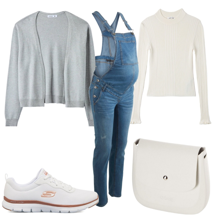 Outfit donna - Weekend romantico. Stile Casual chic per Tutti i giorni. look ideale per Premaman. Abbinamento con salopette, cardigans, maglieria, sneakers, borse a spalla.