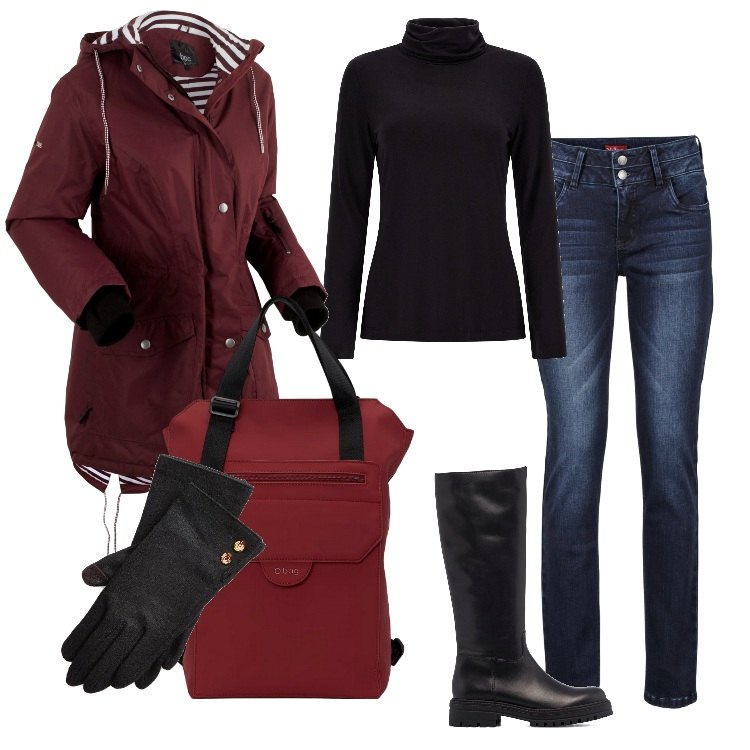Outfit donna - In barca sul Danubio. Stile Casual per Serata fuori. Abbinamento con blazer, jeans, maglieria, guanti, stivali, zaini.