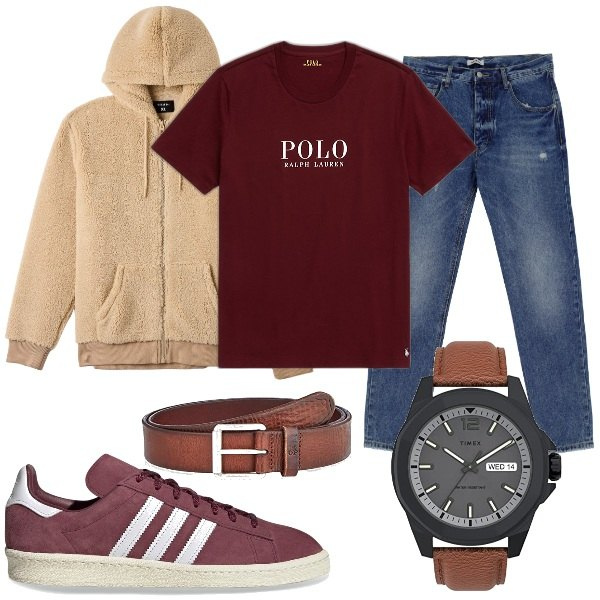 Outfit uomo - Felpa calda in libertà. Stile Casual per Tutti i giorni. Abbinamento con felpe con cappuccio, jeans dritti, t-shirt, orologi analogici, sneakers, cinture.