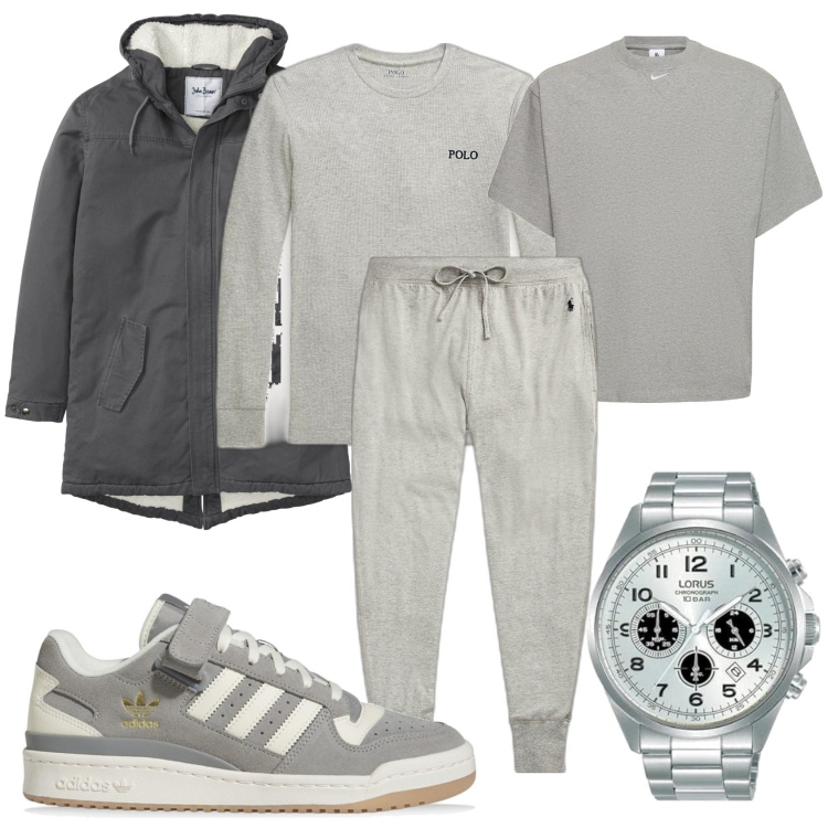 Outfit uomo - Sportivo in grigio. Stile Casual per Tutti i giorni. Abbinamento con parka, pantaloni, maglieria, orologi, t-shirt, sneakers.