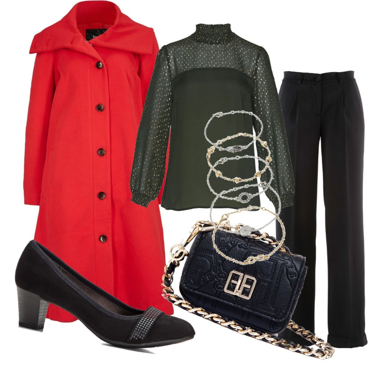 Outfit donna - Il colore che amo in autunno. Stile Casual chic per Serata fuori. Abbinamento con braccialetti con ciondoli, pantaloni, décolleté, cappotti, tuniche, marsupi.