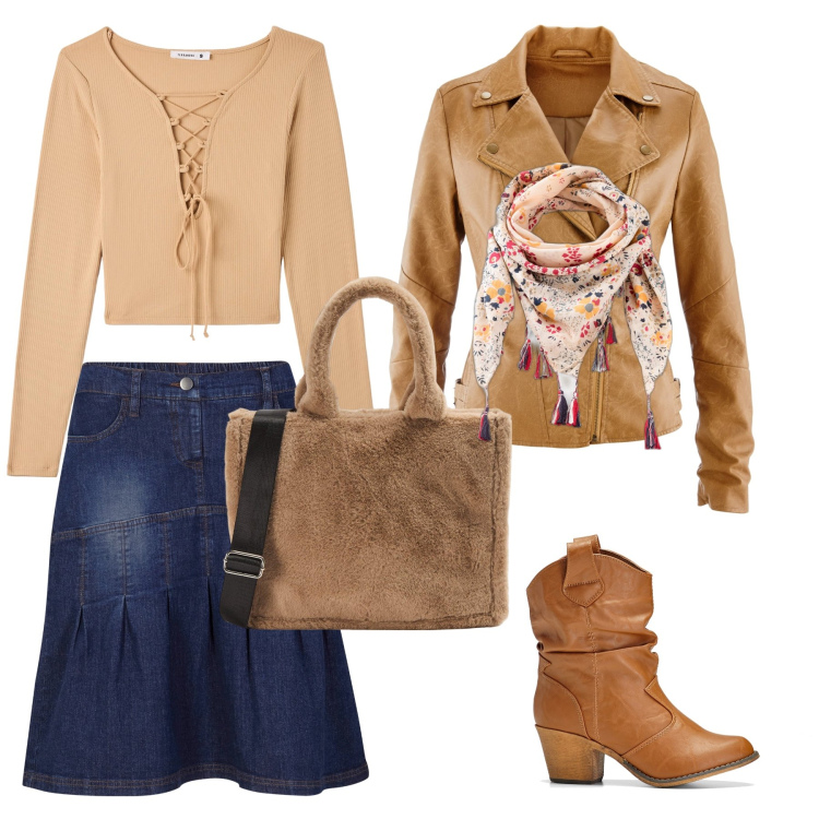 Outfit donna - Mid-season. Stile Casual per Tutti i giorni. Abbinamento con stivaletti texani, gonne, blazer, foulard, t-shirt, shopping bag.