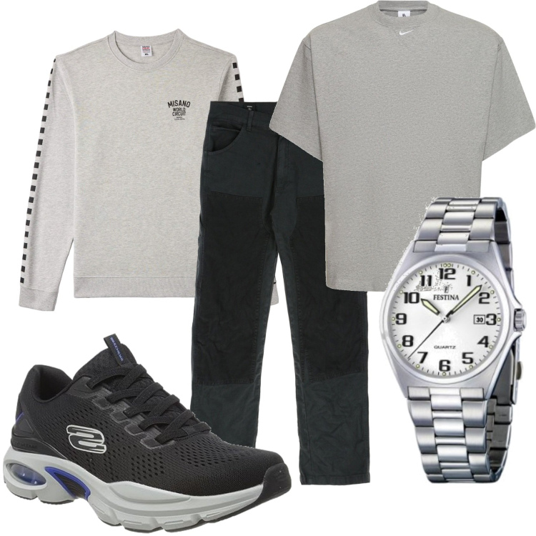 Outfit uomo - Domenica a pranzo da amici. Stile Urban per Tutti i giorni. Abbinamento con felpe, jeans dritti, orologi, t-shirt, scarpe sportive.