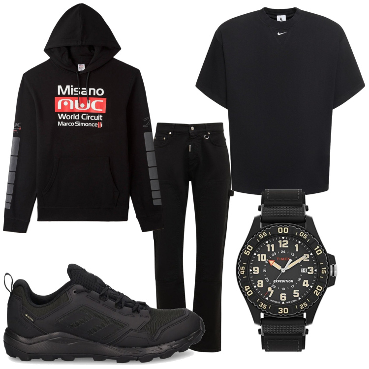 Outfit uomo - Libero e comodo in nero. Stile Casual per Tutti i giorni. Abbinamento con felpe con cappuccio, jeans, t-shirt, sneakers, orologi.