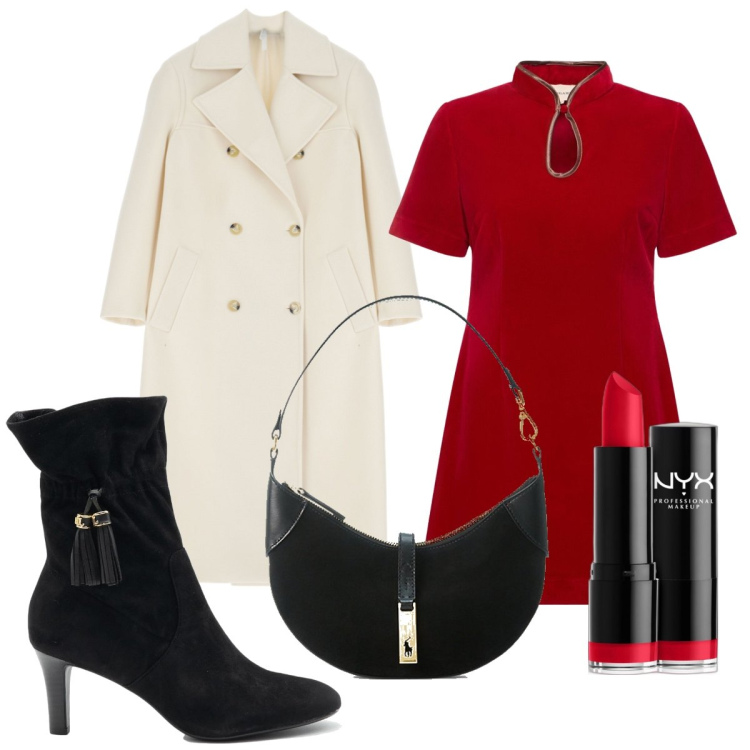 Outfit donna - Total look #1736130. Stile Trendy per Serata fuori. Abbinamento con rossetti, cappotti, borse a spalla, vestiti, stivaletti.