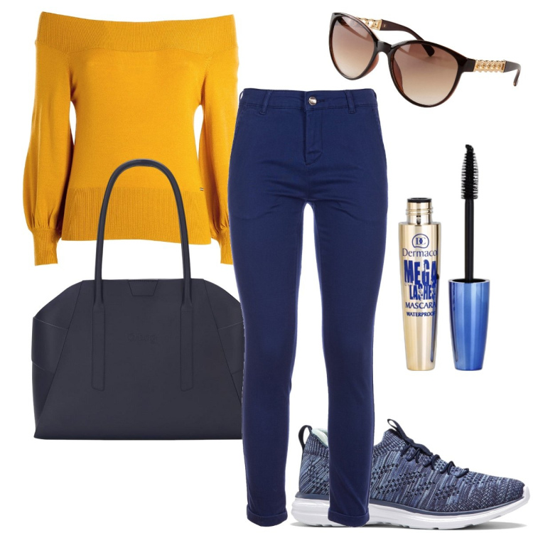 Outfit donna - Il giallo ocra. Stile Casual per Tutti i giorni. Abbinamento con sneakers, occhiali da sole, mascara, pantaloni, maglieria, borse a spalla.