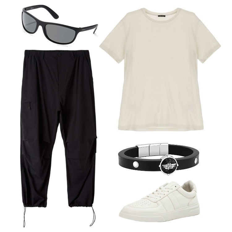 Outfit uomo - Total look #1736172. Stile Urban per Tutti i giorni. Abbinamento con pantaloni cargo, sneakers, t-shirt, occhiali da sole, braccialetti.