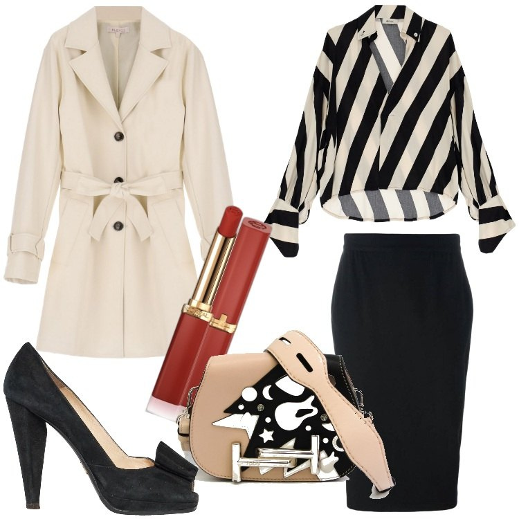 Outfit donna - A cena nella romantica Parigi. Stile Chic per Serata fuori. Abbinamento con gonne longuette, décolleté, borse a spalla, rossetti, cappotti, camicie.