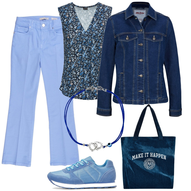 Outfit donna - Pantaloni azzurri. Stile Casual per Tutti i giorni. Abbinamento con top, sneakers, blazer, shopping bag, pantaloni, braccialetti.