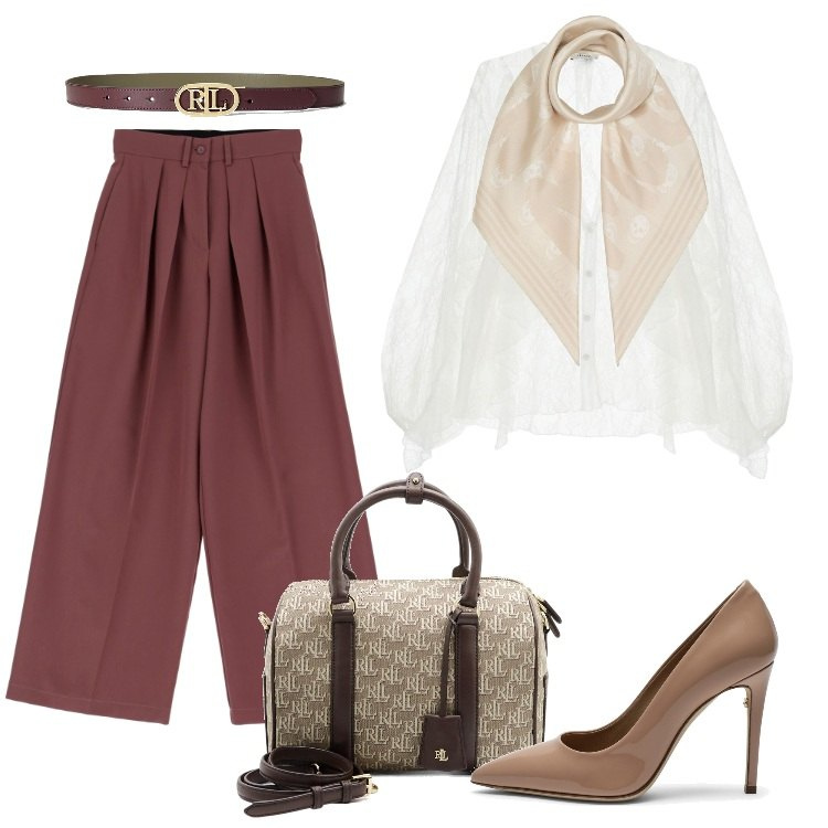Outfit donna - Total look #1736204. Stile Trendy per Ufficio. Abbinamento con camicie, pantaloni a palazzo, cinture, borse a mano, décolleté, foulard.