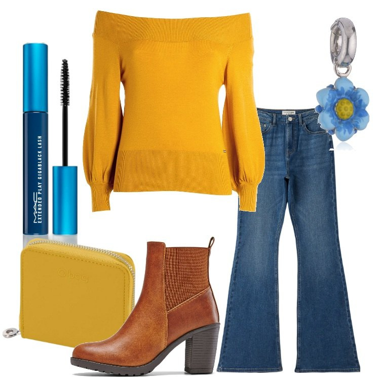 Outfit donna - Maglia con scollo Bardot. Stile Trendy per Tutti i giorni. Abbinamento con stivaletti, mascara, jeans a zampa, maglieria, portafogli, ciondoli.