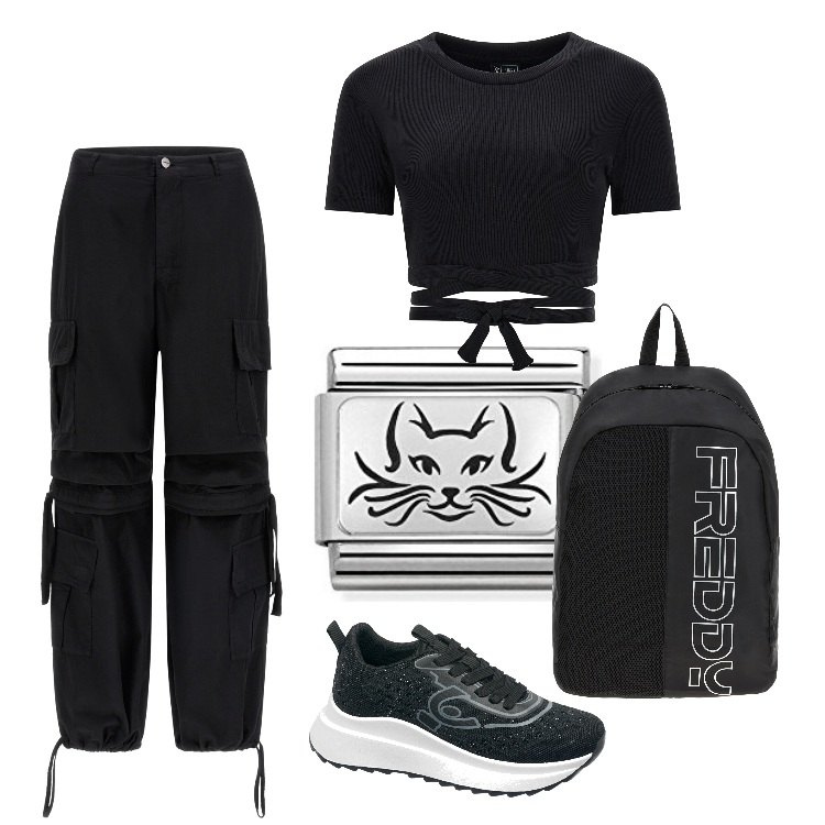 Outfit donna - Alla colonia felina. Stile Urban per Ufficio. Abbinamento con pantaloni cargo, zaini, sneakers, top, ciondoli.