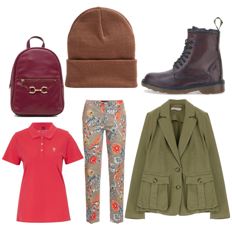 Outfit donna - Un giorno di pioggia. Stile Basic per Tutti i giorni. Abbinamento con pantaloni, polo, berretti, giacche, zaini, anfibi.