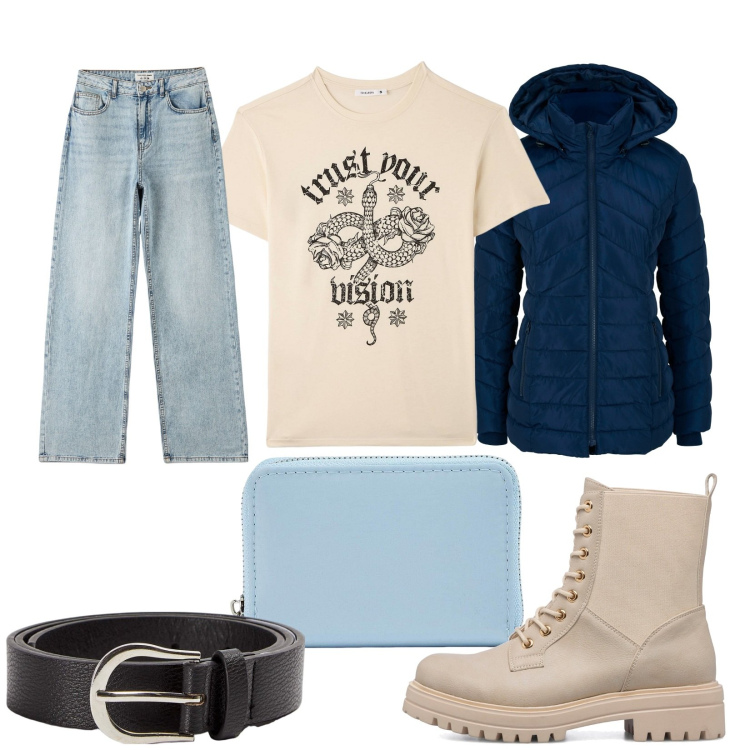 Outfit donna - Piove a dirotto. Stile Casual per Tutti i giorni. Abbinamento con giacche, portafogli, cinture, t-shirt, jeans, anfibi.