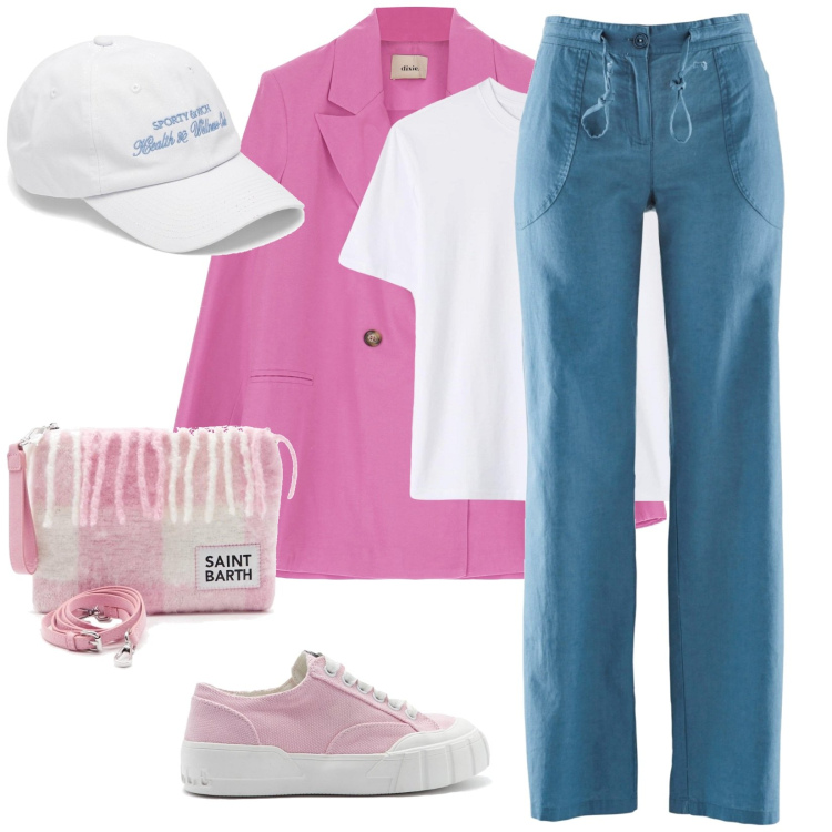 Outfit donna - On wednesday we wear pink. Stile Romantica per Scuola/Università. Abbinamento con pantaloni a palazzo, t-shirt, giacche, borse a mano, sneakers, cappelli con visiera.