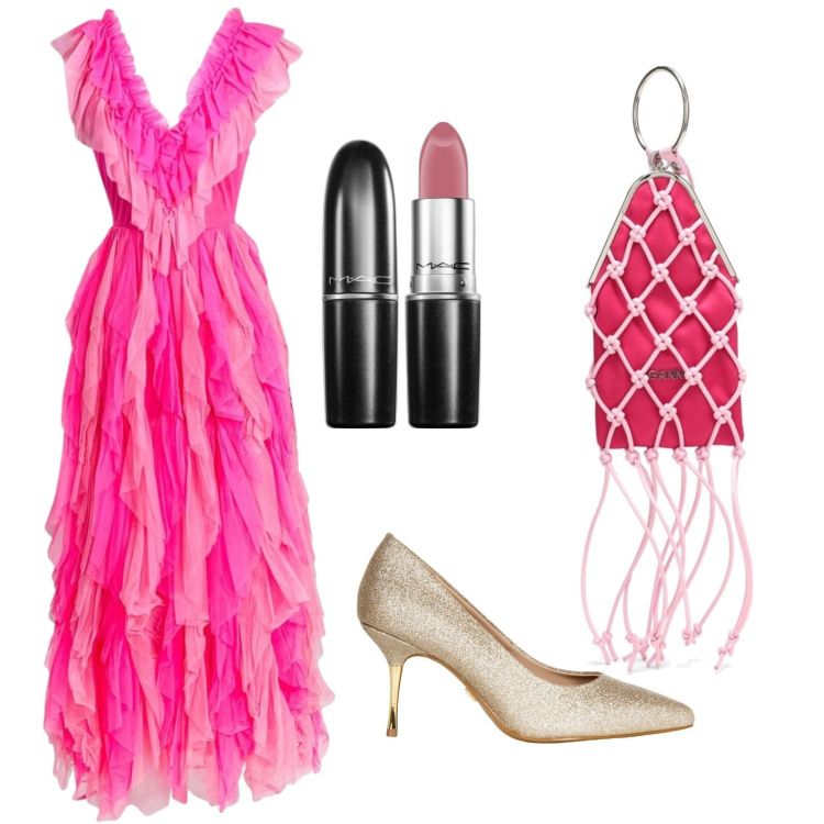 Outfit donna - Glamour in rosa. Stile Glamour per Serata fuori. Abbinamento con rossetti, décolleté, vestiti asimmetrici, borse a mano.