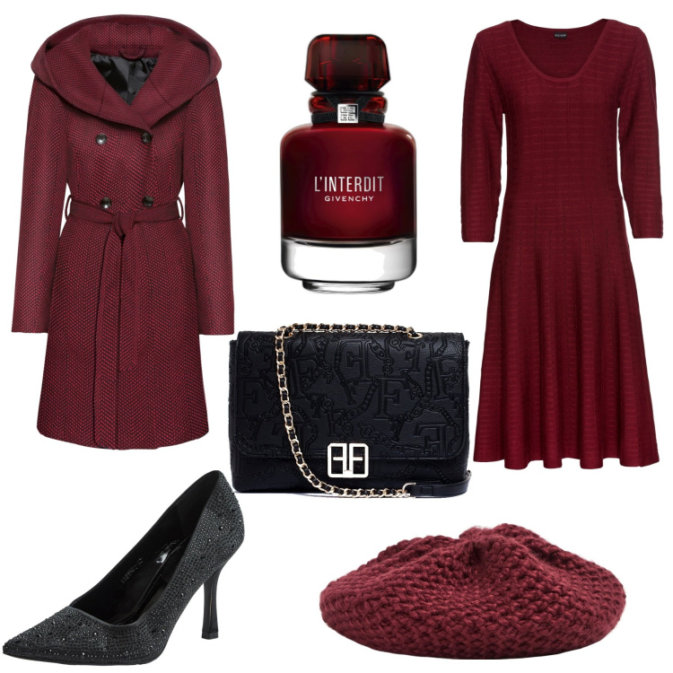 Outfit donna - Rosso scuro curvy. Stile Chic per Serata fuori. Abbinamento con vestiti, cappotti, profumi, cappelli e berretti, décolleté, clutch.
