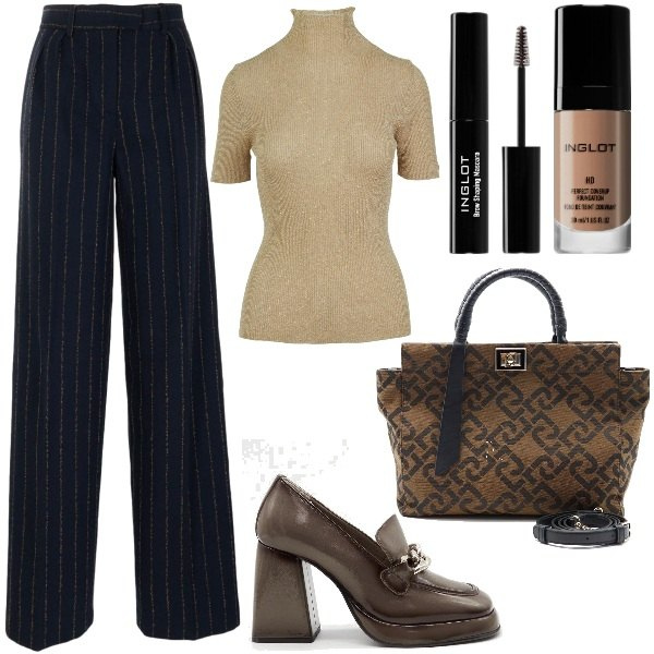 Outfit donna - Chic In Ufficio. Stile Chic per Ufficio. Abbinamento con mascara, fondotinta, pantaloni a palazzo, décolleté, borse a mano, maglieria.