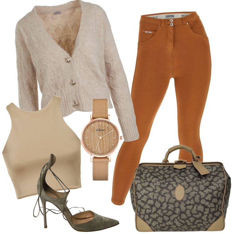 Outfit donna - È arrivato l\'autunno. Stile Casual per Tutti i giorni. Abbinamento con décolleté, borse a mano, pantaloni skinny, cardigans, top, orologi.