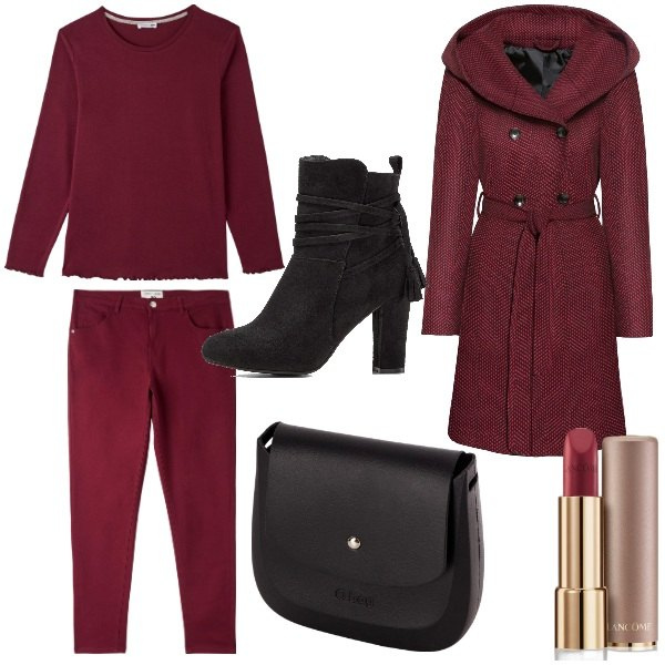 Outfit donna - Basic bordeaux curvy. Stile Basic per Tutti i giorni. Abbinamento con cappotti, stivaletti, rossetti, pantaloni, t-shirt, borse a spalla.