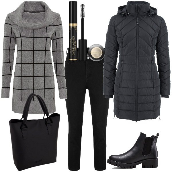 Outfit donna - Basic Curvy. Stile Basic per Tutti i giorni. Abbinamento con maglieria, blazer, jeans, stivaletti chelsea, mascara, borse a spalla.