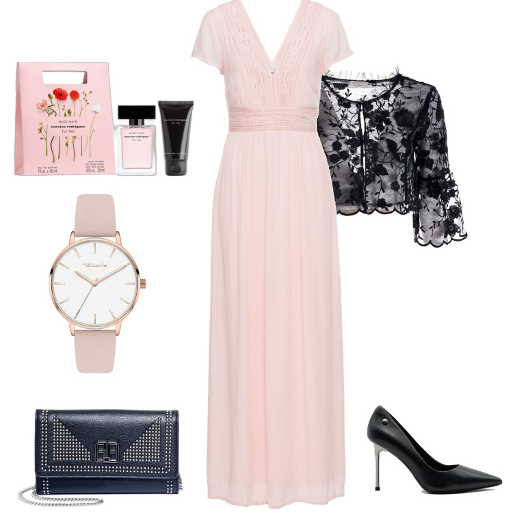 Outfit donna - Look Festa. Stile Romantica per Cerimonia. Abbinamento con vestiti lunghi, profumi, blazer, portafogli, orologi, décolleté.