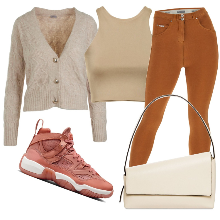 Outfit donna - Total look #1736373. Stile Casual per Tutti i giorni. Abbinamento con pantaloni skinny, cardigans, borse a spalla, top, sneakers.