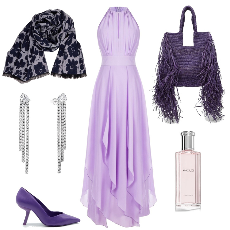 Outfit donna - Serata elegante. Stile Chic per Serata fuori. Abbinamento con vestiti lunghi, profumi, sciarpe, orecchini, décolleté, borse a spalla.
