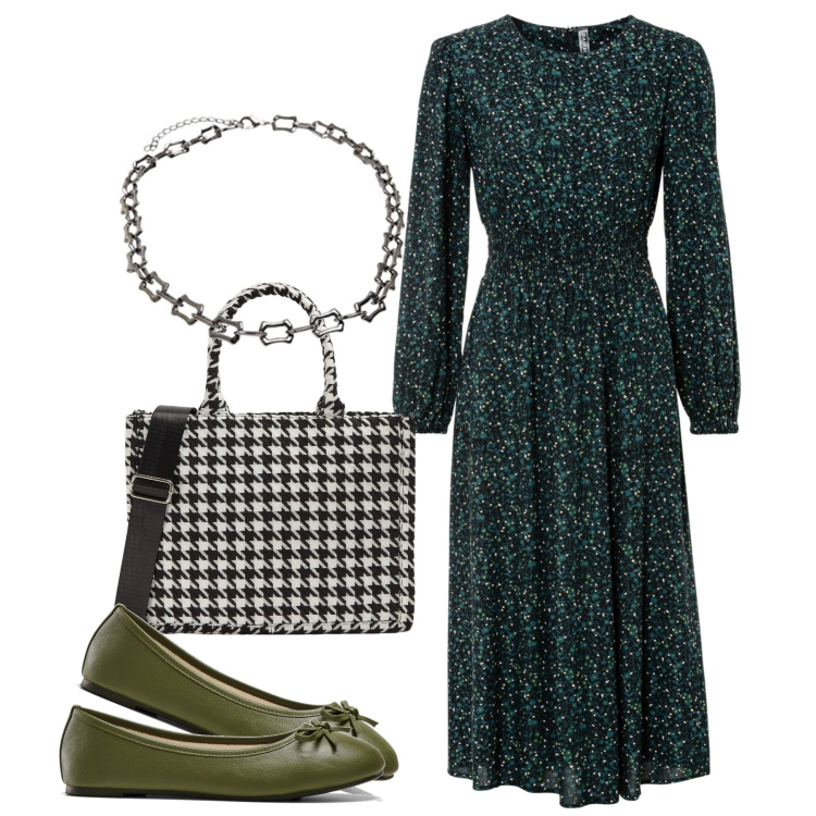 Outfit donna - Bon ton al polpaccio. Stile Bon Ton per Tutti i giorni. Abbinamento con vestiti midi/longuette, ballerine, shopping bag, collane.