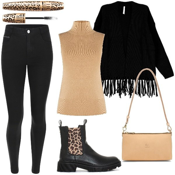 Outfit donna - Stivaletti e Cardigan con le Frange. Stile Trendy per Serata fuori. Abbinamento con mascara, cardigans, stivali sopra il ginocchio, cardigans, jeans, borse a spalla.