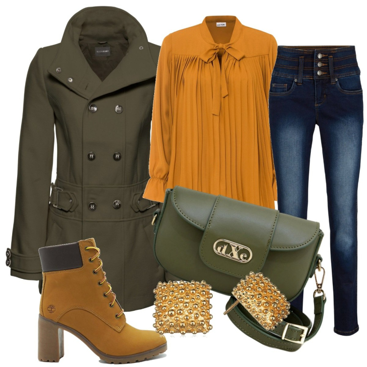 Outfit donna - Total look #1736403. Stile Casual per Tutti i giorni. Abbinamento con jeans, cappotti, bluse, pochette, stivaletti, orecchini.