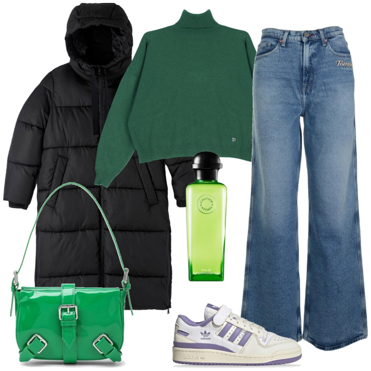 Outfit donna - Green look. Stile Trendy per Tutti i giorni. Abbinamento con profumi, piumini, maglieria, borse a spalla, jeans, sneakers.